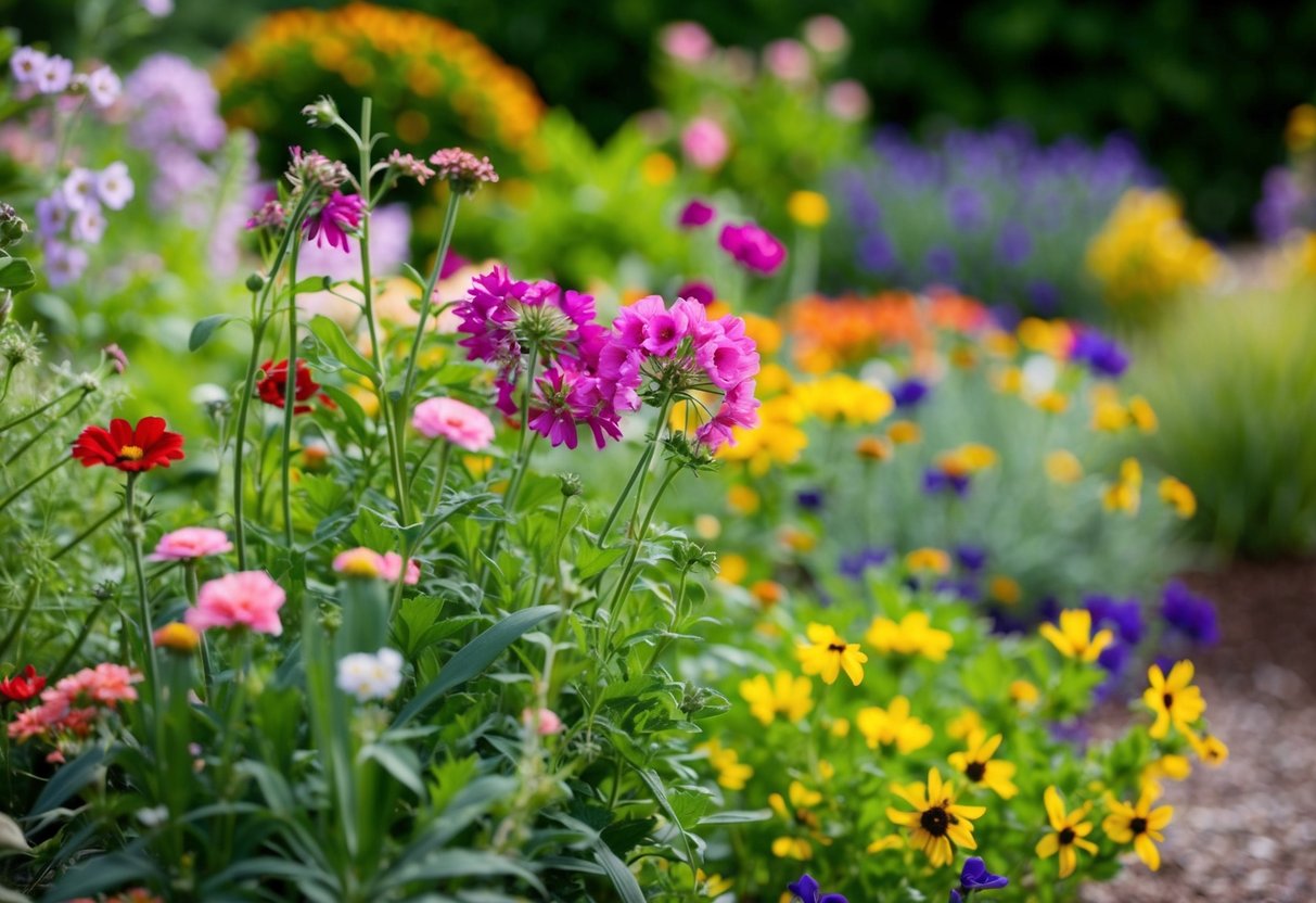 A garden with a mix of flowering plants, some returning each year (perennials) and others needing replanting annually (annuals)