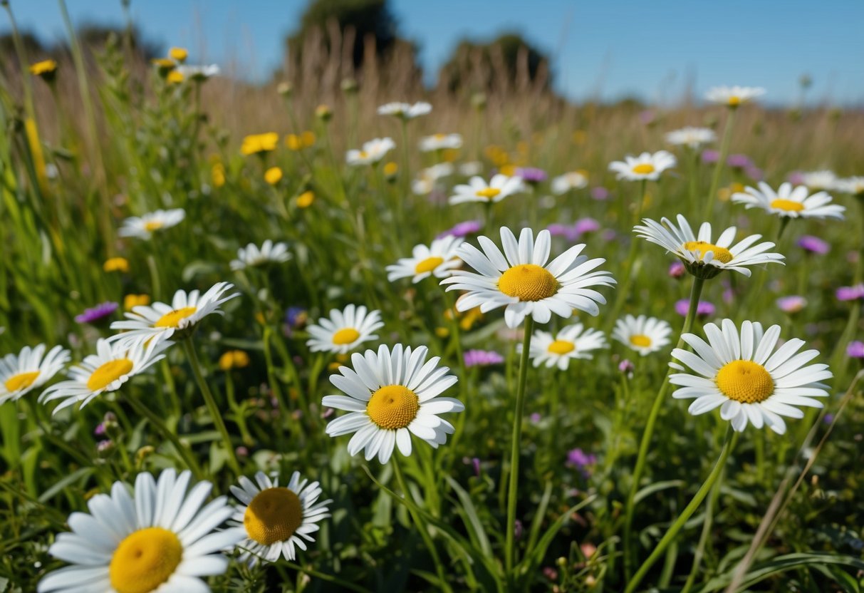 A field of daisies blooming in a meadow, surrounded by tall grass and wildflowers, under a clear blue sky