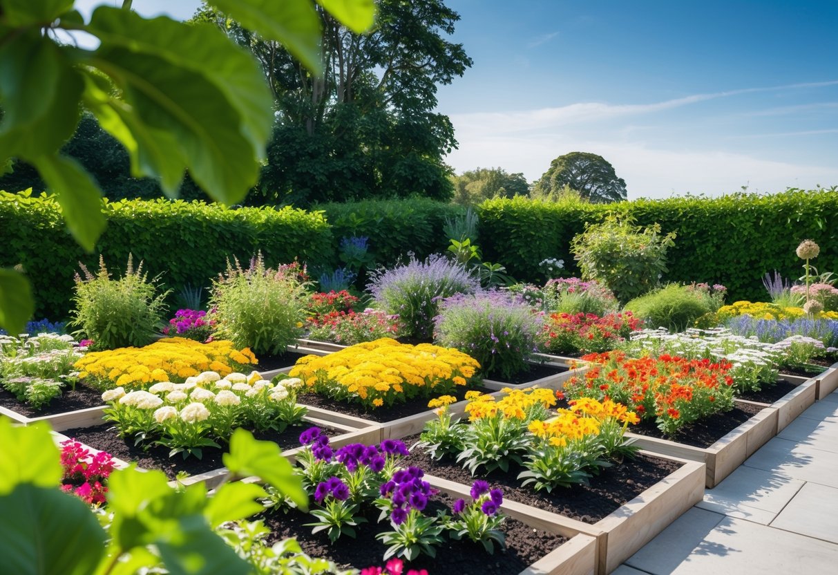 A lush garden with a variety of colorful annual bedding plants blooming in neatly arranged beds, surrounded by green foliage and a clear blue sky above