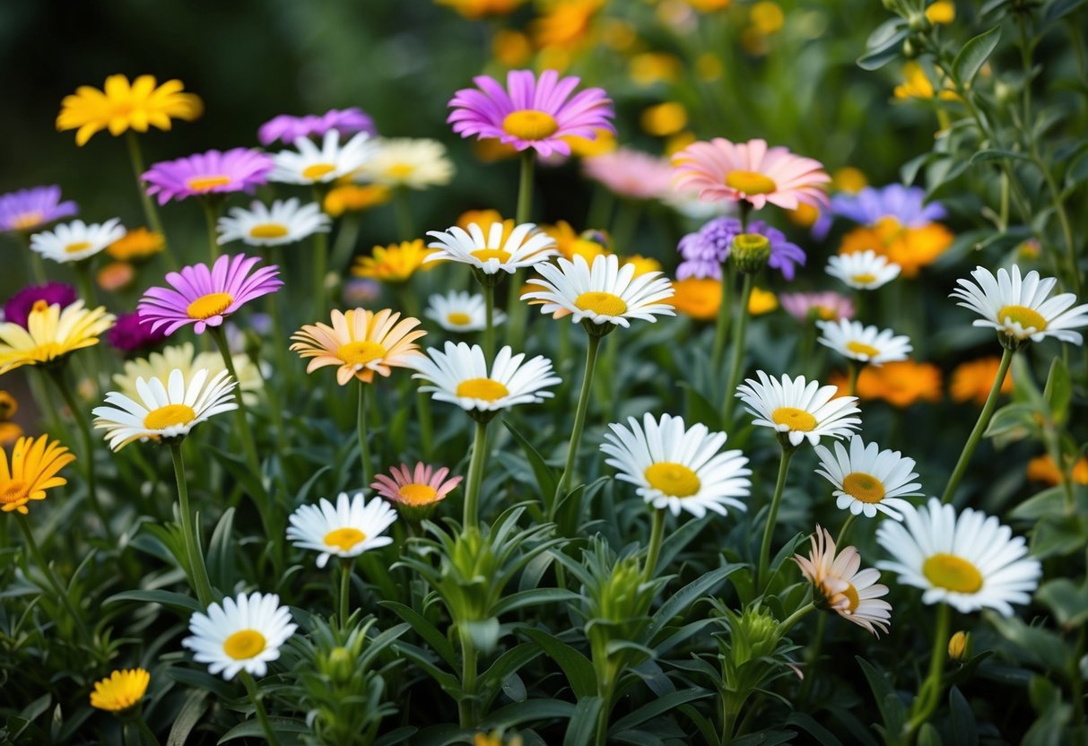 A variety of daisies in full bloom, showcasing different colors and sizes, surrounded by green foliage