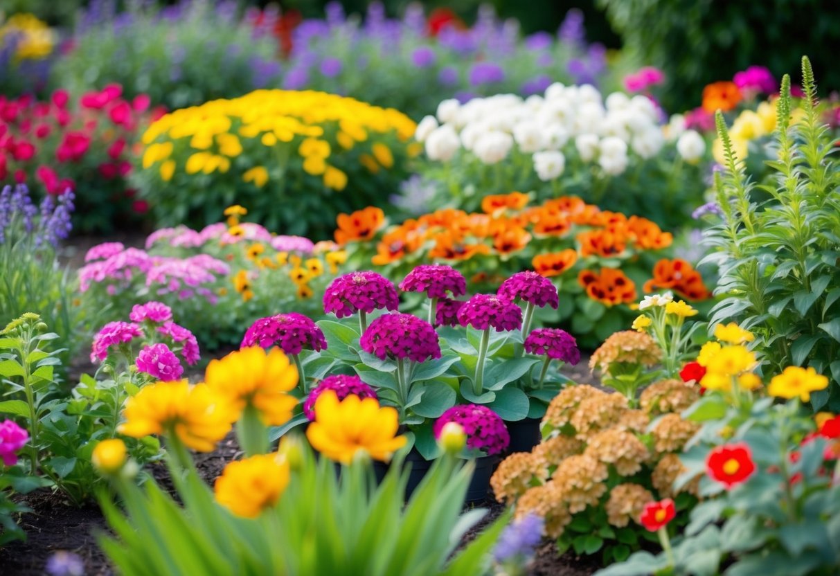 A colorful array of blooming annual bedding plants in a garden setting, with vibrant flowers and lush foliage