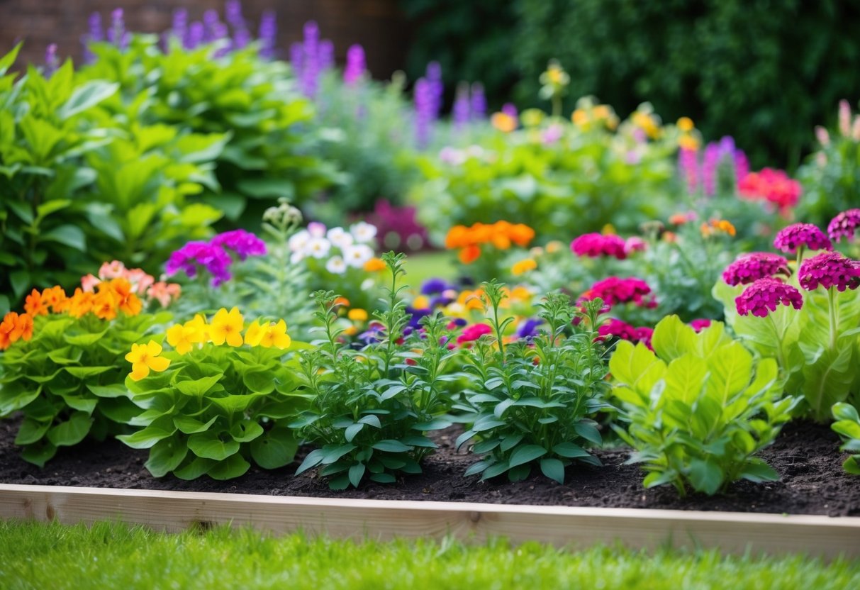 A garden bed with colorful annual bedding plants in full bloom, surrounded by lush green foliage and vibrant flowers