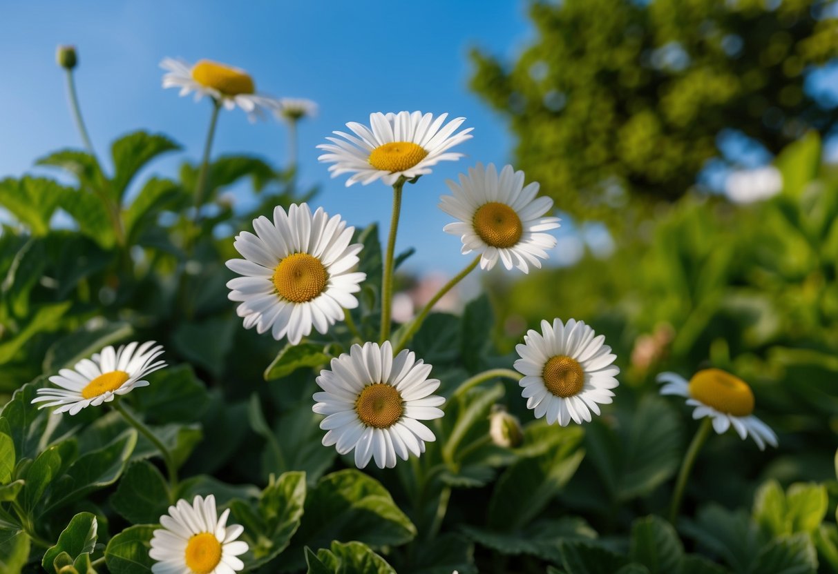 A blooming daisy plant with multiple flowers at different stages of growth, surrounded by lush green foliage and a clear blue sky in the background