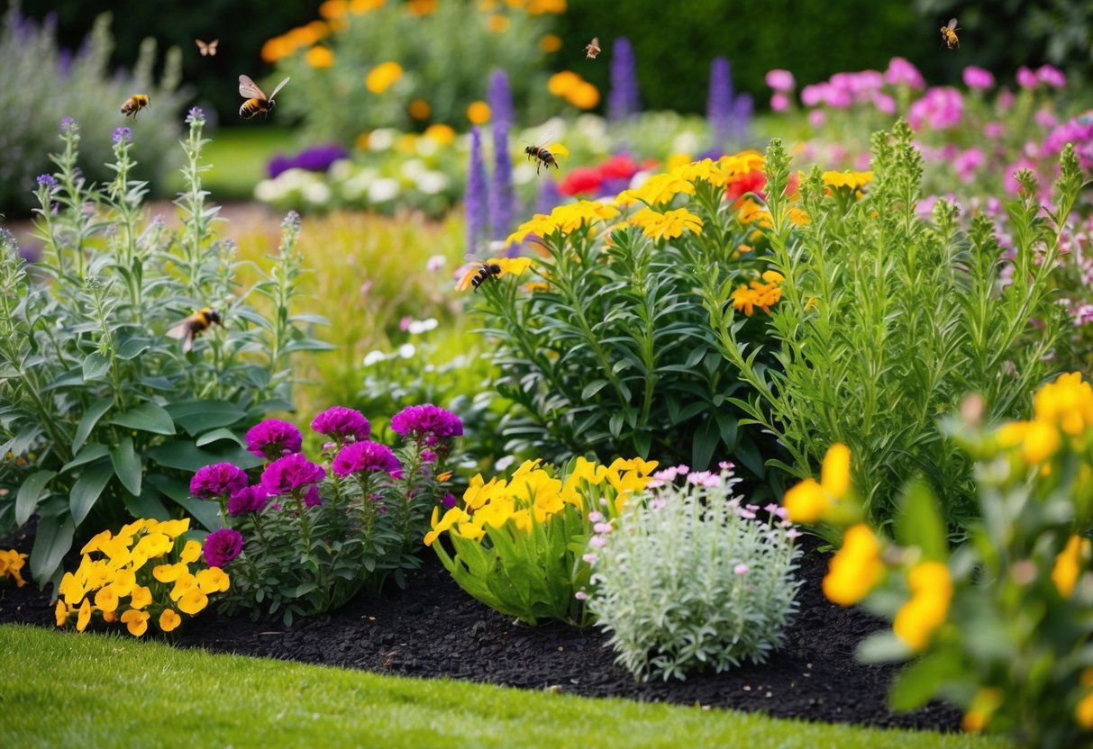 A garden with a variety of annual bedding plants blooming alongside perennial flowers and shrubs, attracting bees, butterflies, and birds