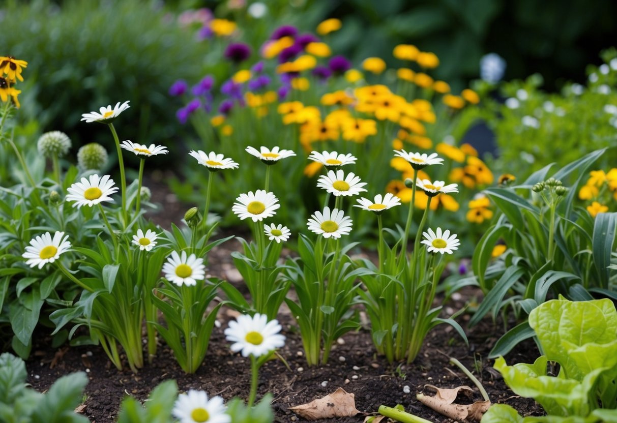 A garden with daisies in various stages of growth, surrounded by healthy plants and some showing signs of pest damage