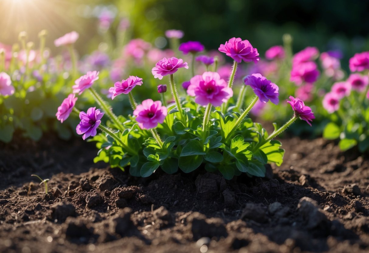 A cluster of hardy geraniums bursting through the soil, their delicate pink and purple blooms reaching towards the sunlight