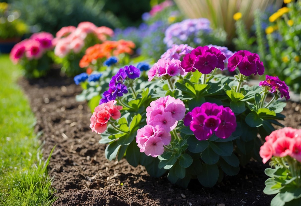 A sunny garden with rich, well-drained soil, where hardy geraniums thrive and bloom in various shades of pink, purple, and blue