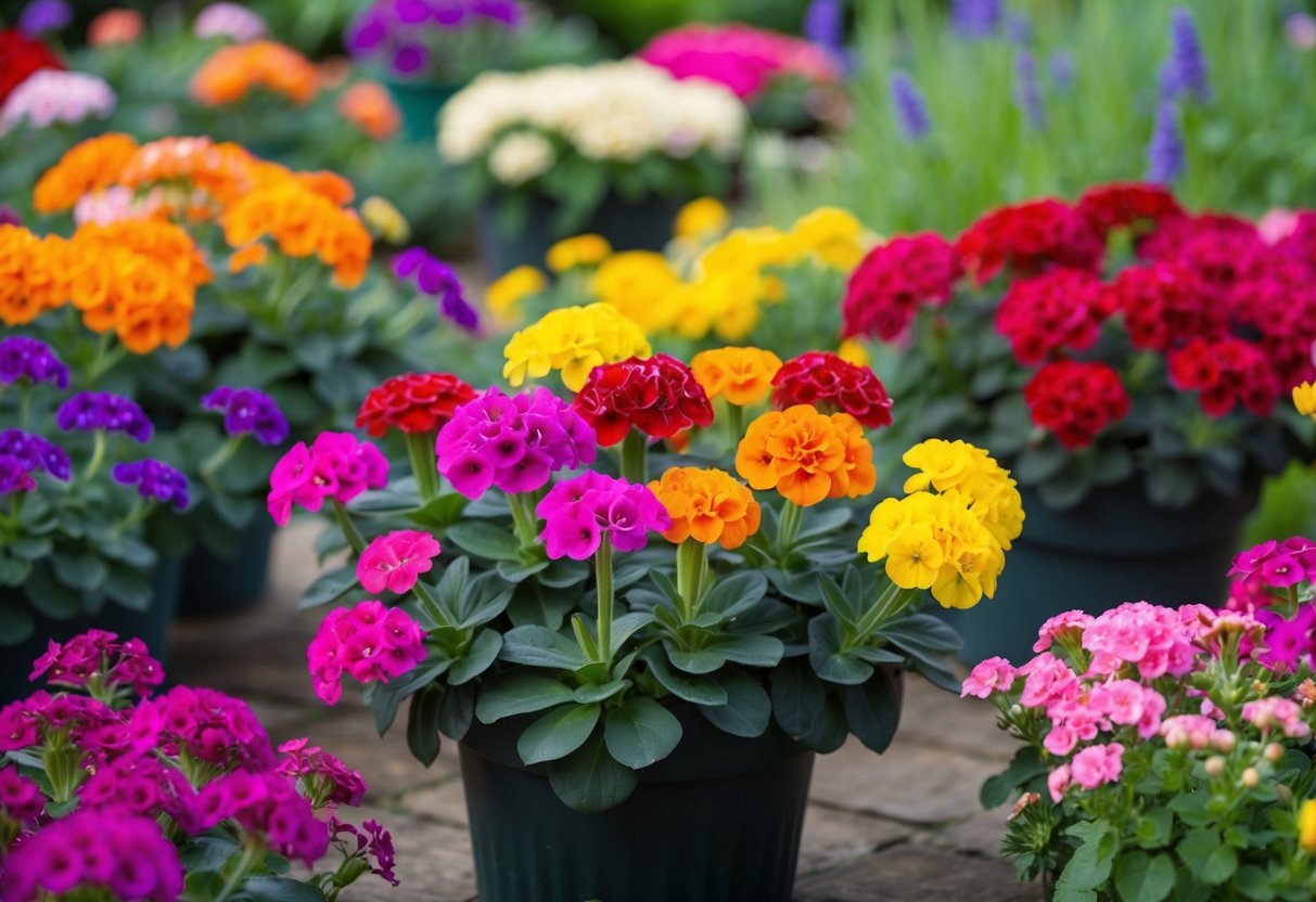 A vibrant garden with various hardy geraniums blooming in different colors and sizes, showcasing their resilience and ability to come back year after year