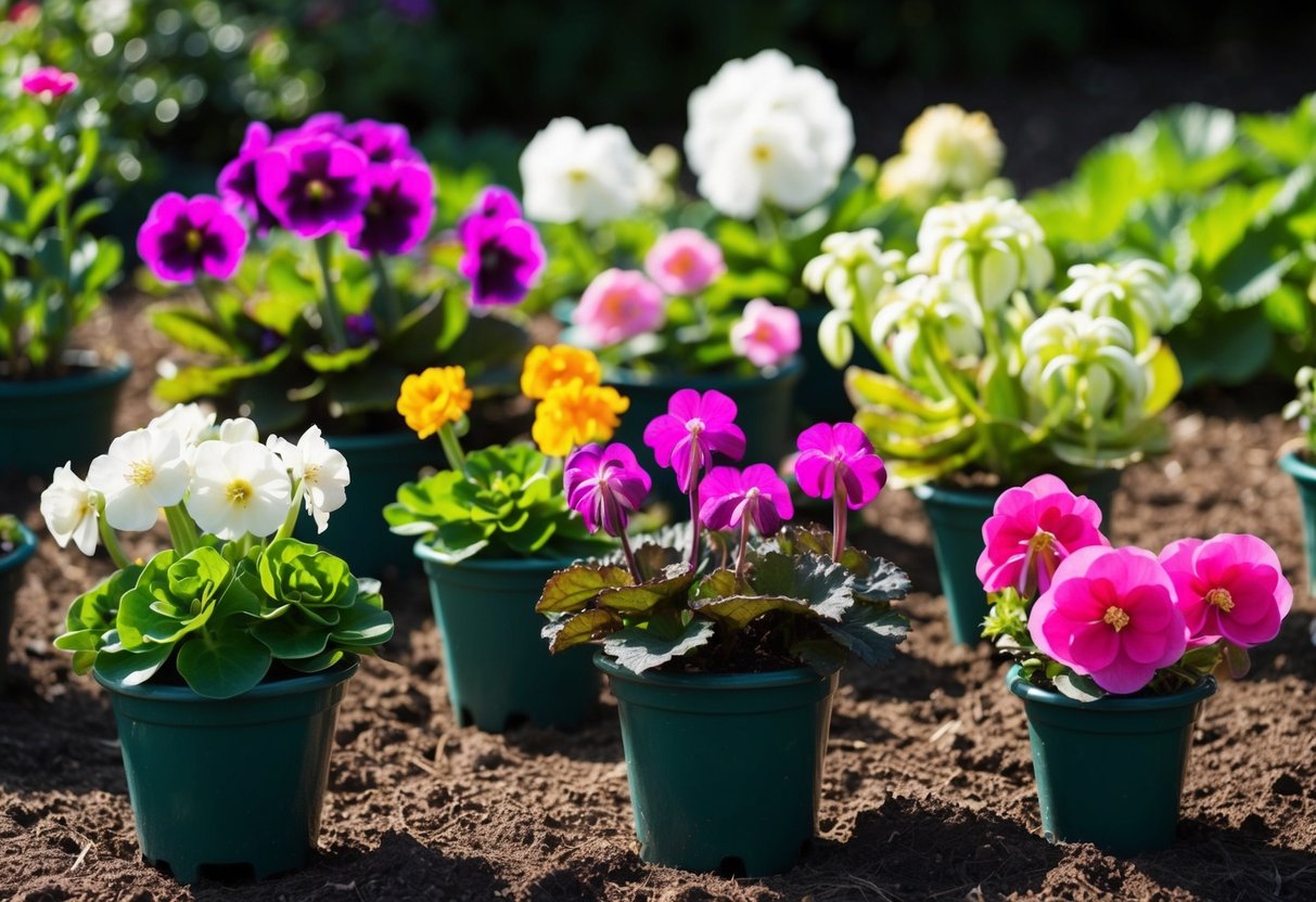 A garden with a variety of begonias, some in bloom, others in different stages of growth, surrounded by rich, moist soil and receiving dappled sunlight