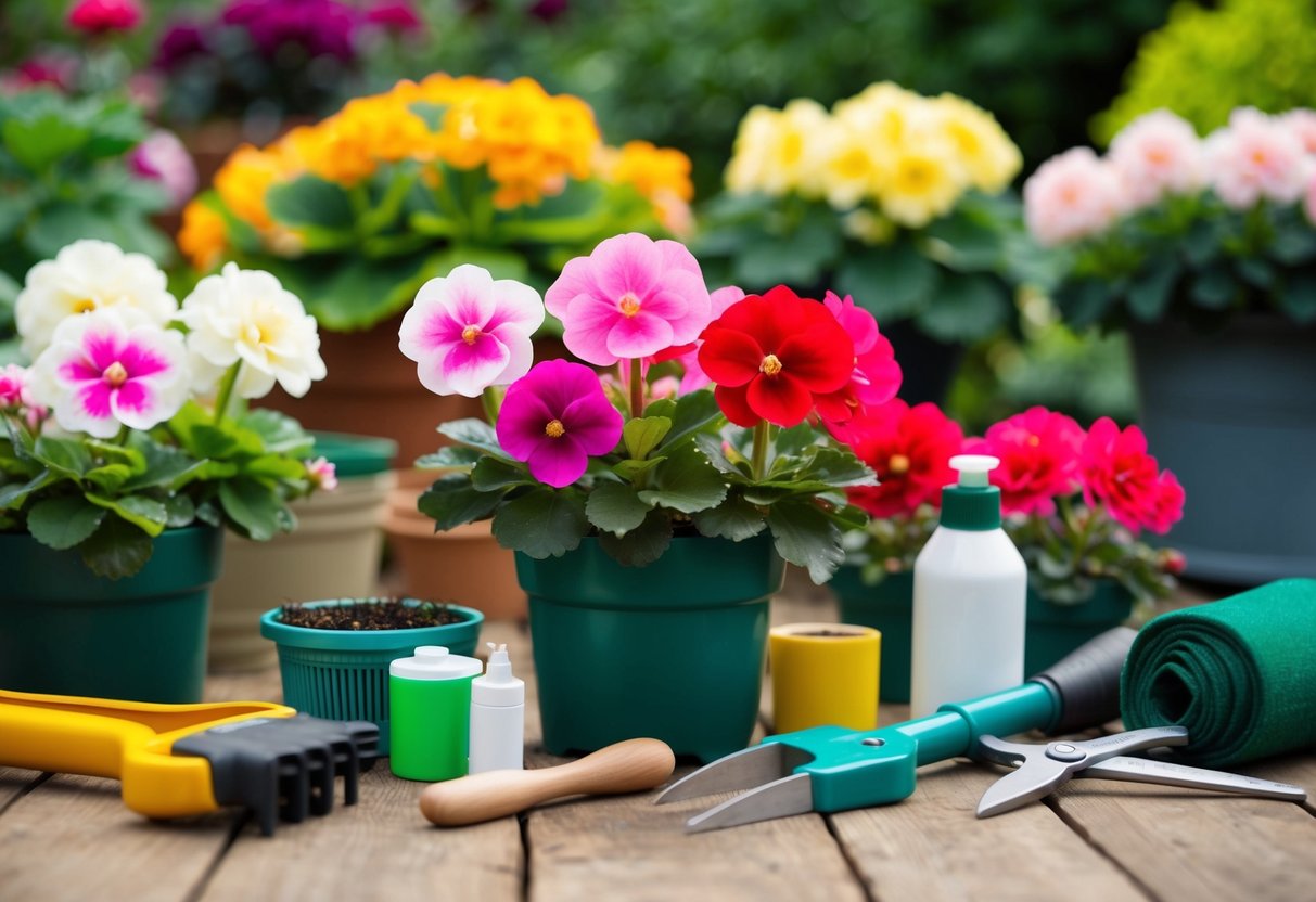 A lush garden with colorful begonias in bloom, surrounded by gardening tools and plant care products