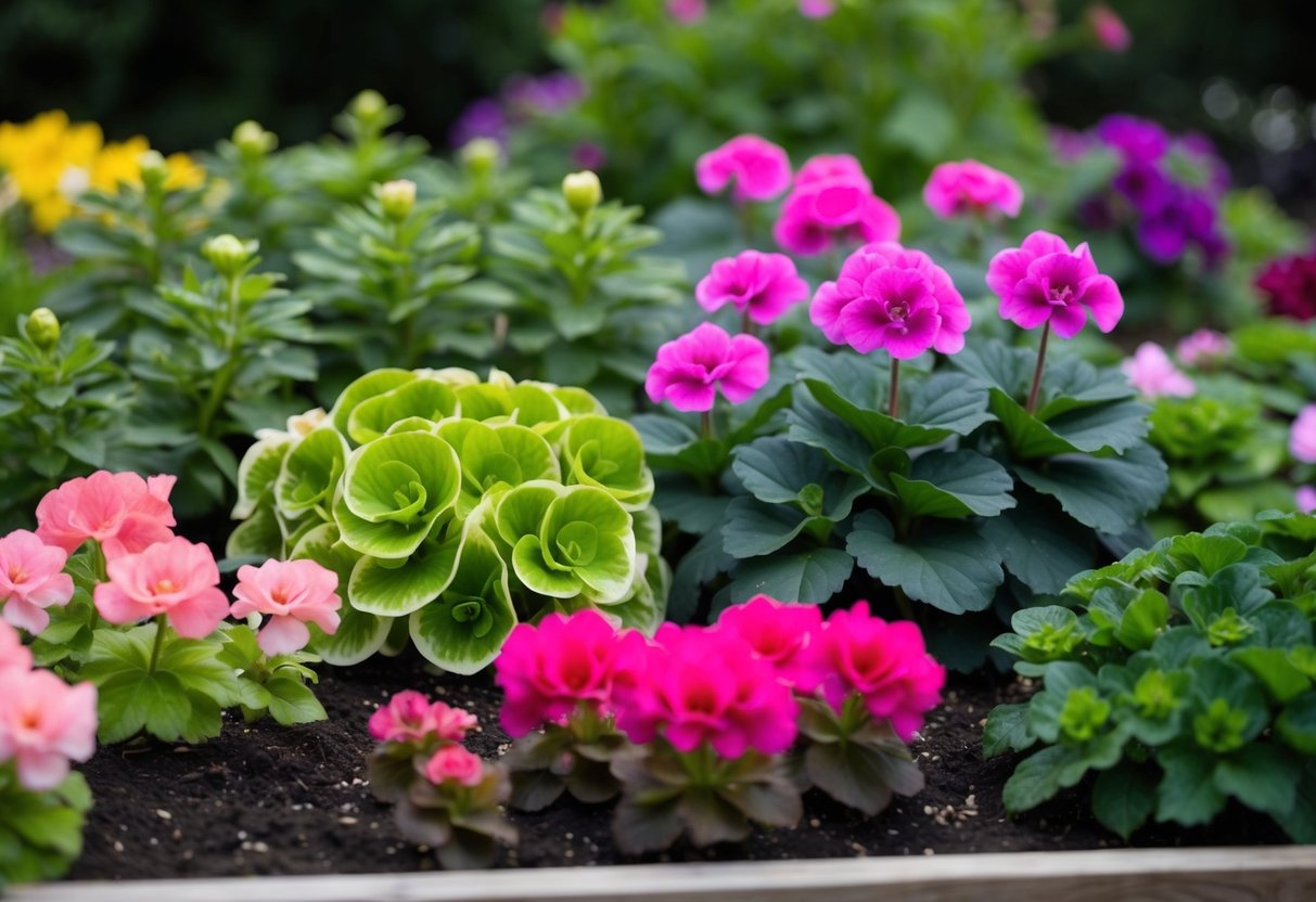 A lush garden bed with begonias in various stages of growth, from newly sprouted seedlings to mature plants in full bloom