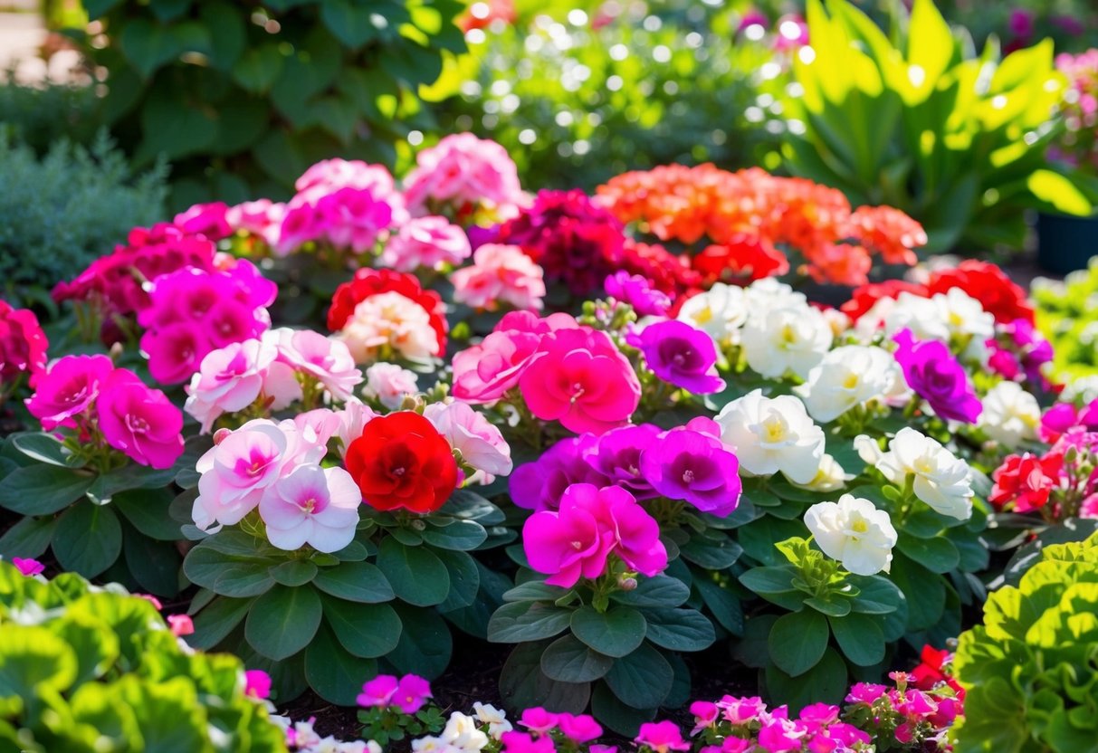 A colorful garden bed filled with lush begonias in various shades of pink, red, and white, surrounded by vibrant green foliage and dappled sunlight