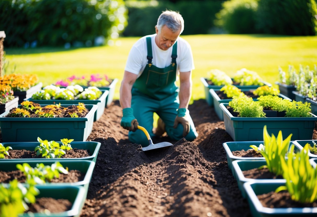 A gardener kneels in a sunlit garden, surrounded by trays of bedding plants and gardening tools. The soil is freshly tilled and ready for planting