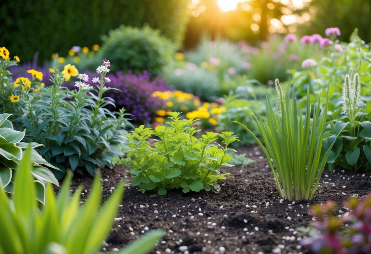 A garden with various types of bedding plants in different stages of growth, some in full bloom and others still in the early stages of development