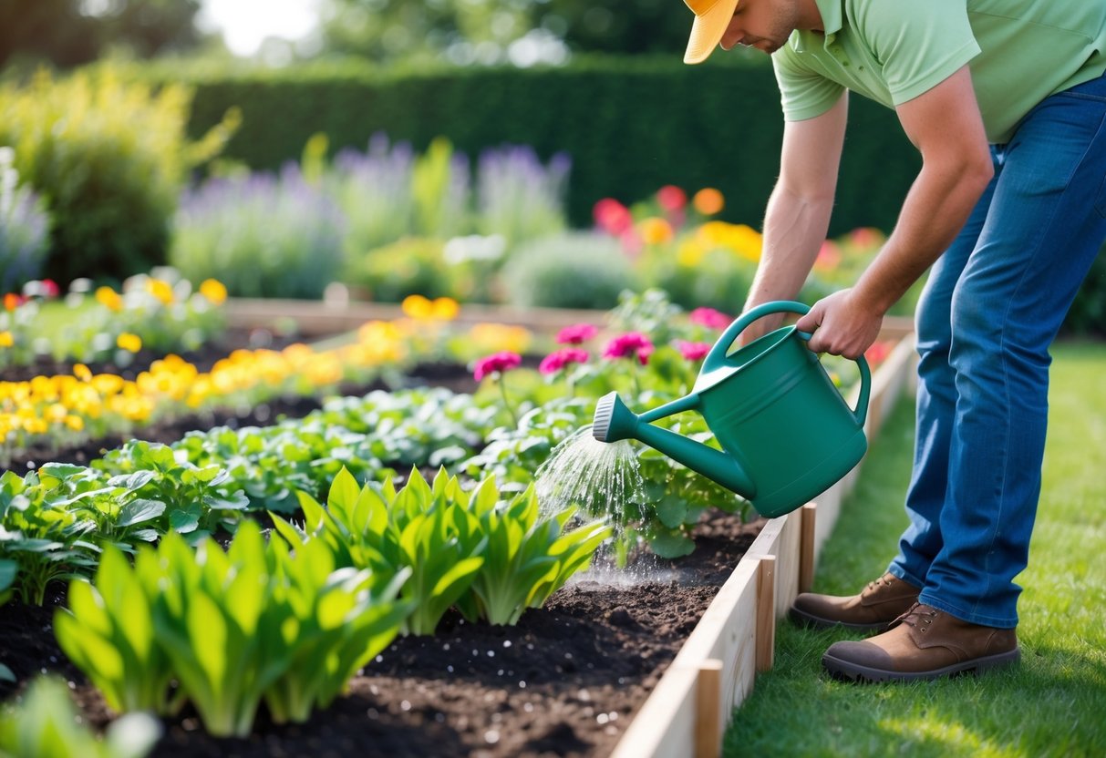 A gardener tending to newly planted bedding plants in a garden bed, carefully watering and inspecting the soil for proper care