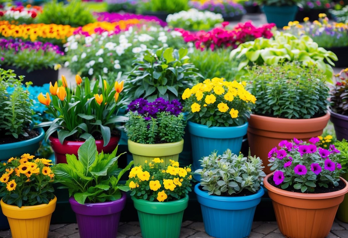 A colorful array of bedding plants arranged in various containers, with vibrant blooms and lush foliage, creating an inviting and lively display