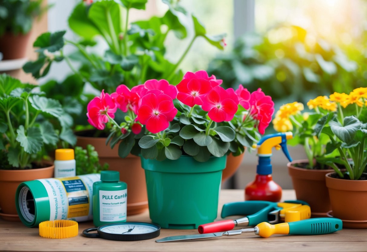 A lush indoor garden with blooming geraniums, surrounded by pest control tools and disease management resources