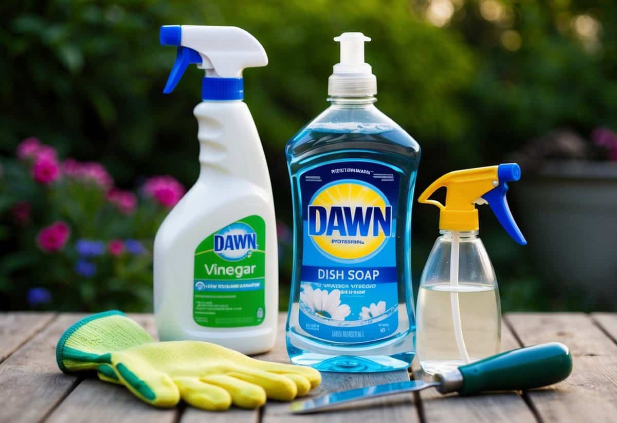 A clear bottle of Dawn dish soap sits next to a spray bottle and a container of white vinegar. A pair of gardening gloves and a small hand trowel are also present
