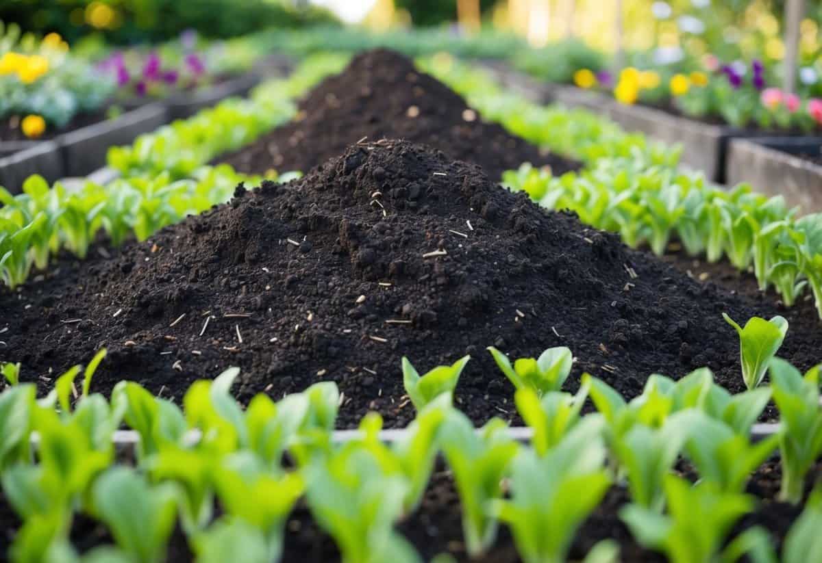 Rich, dark soil with molasses added, surrounded by neatly weeded garden beds