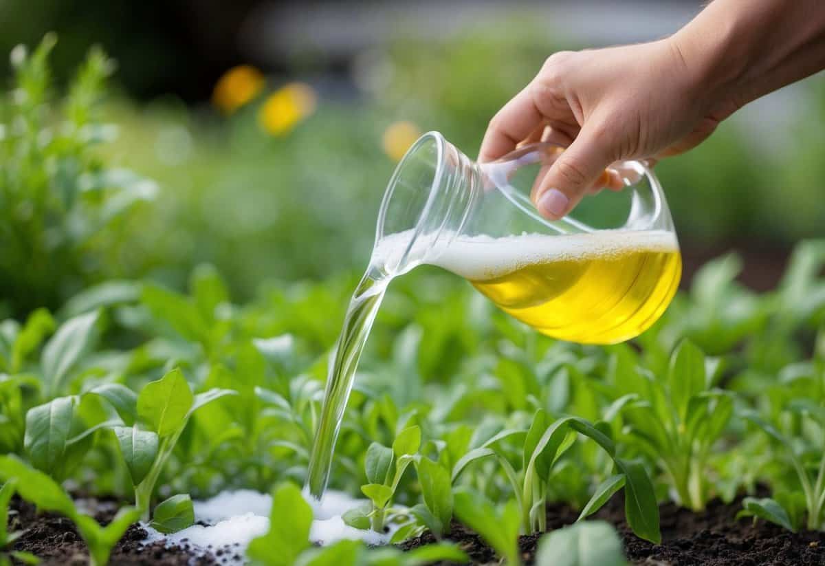 A hand pouring a mixture of soap and oil onto weeds in a garden