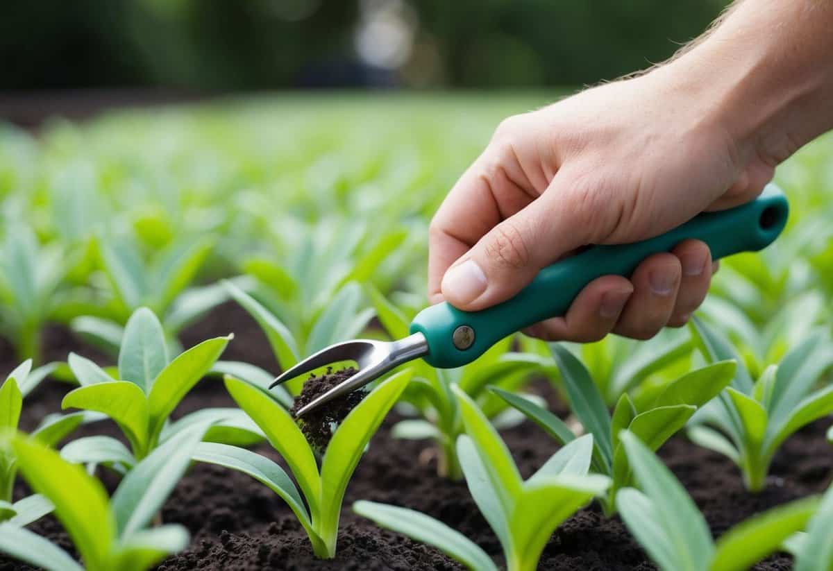 A hand holding a small gardening tool, carefully removing weeds from a bed of sugar plants