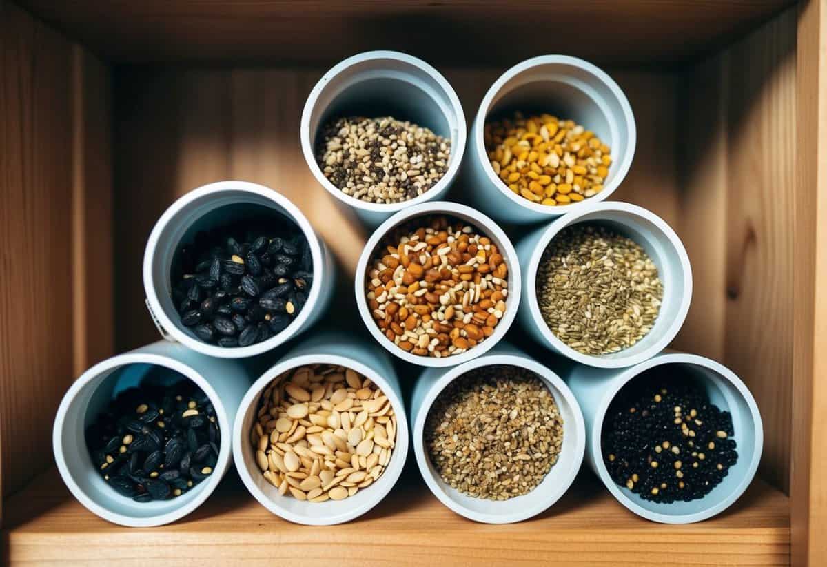 PVC pipes cut into sections, each filled with different seeds, organized on a wooden shelf