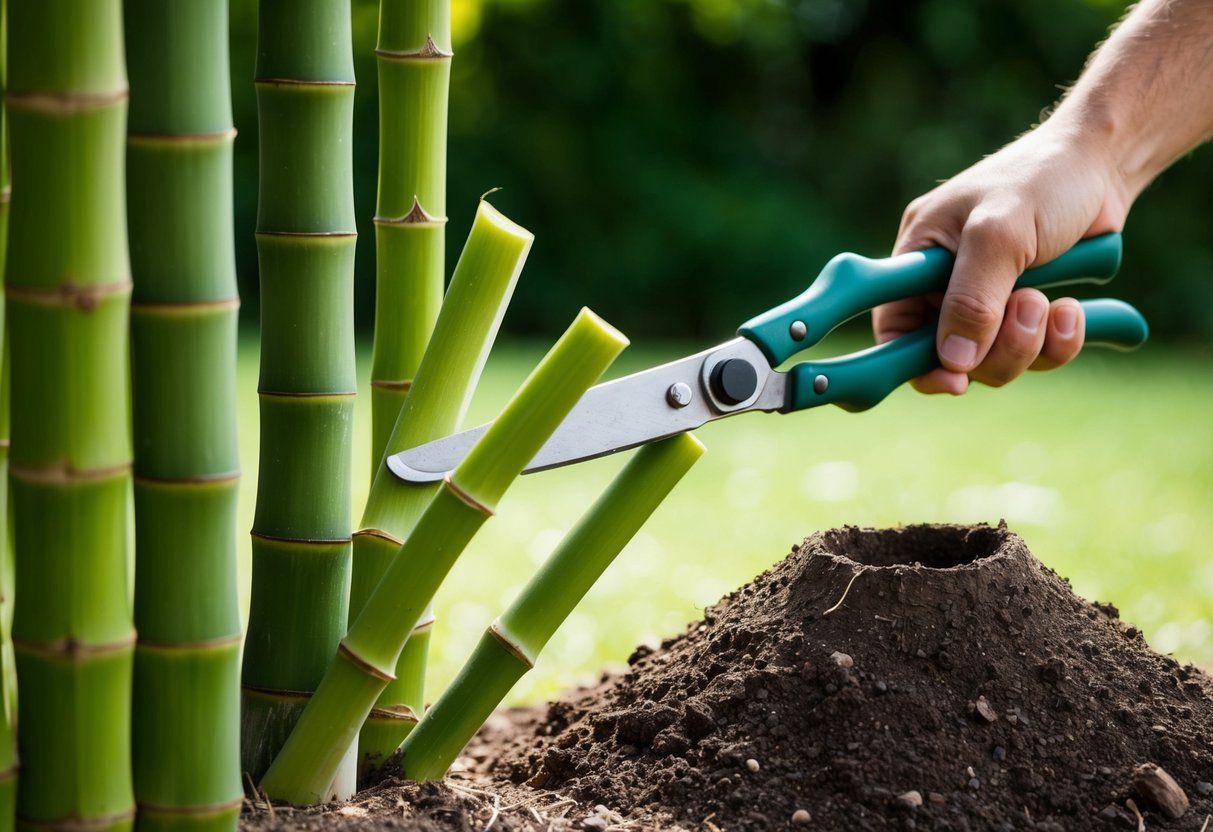 A pair of gardening shears cutting through thick bamboo stalks, with a pile of cut stalks and a freshly dug hole for replanting nearby
