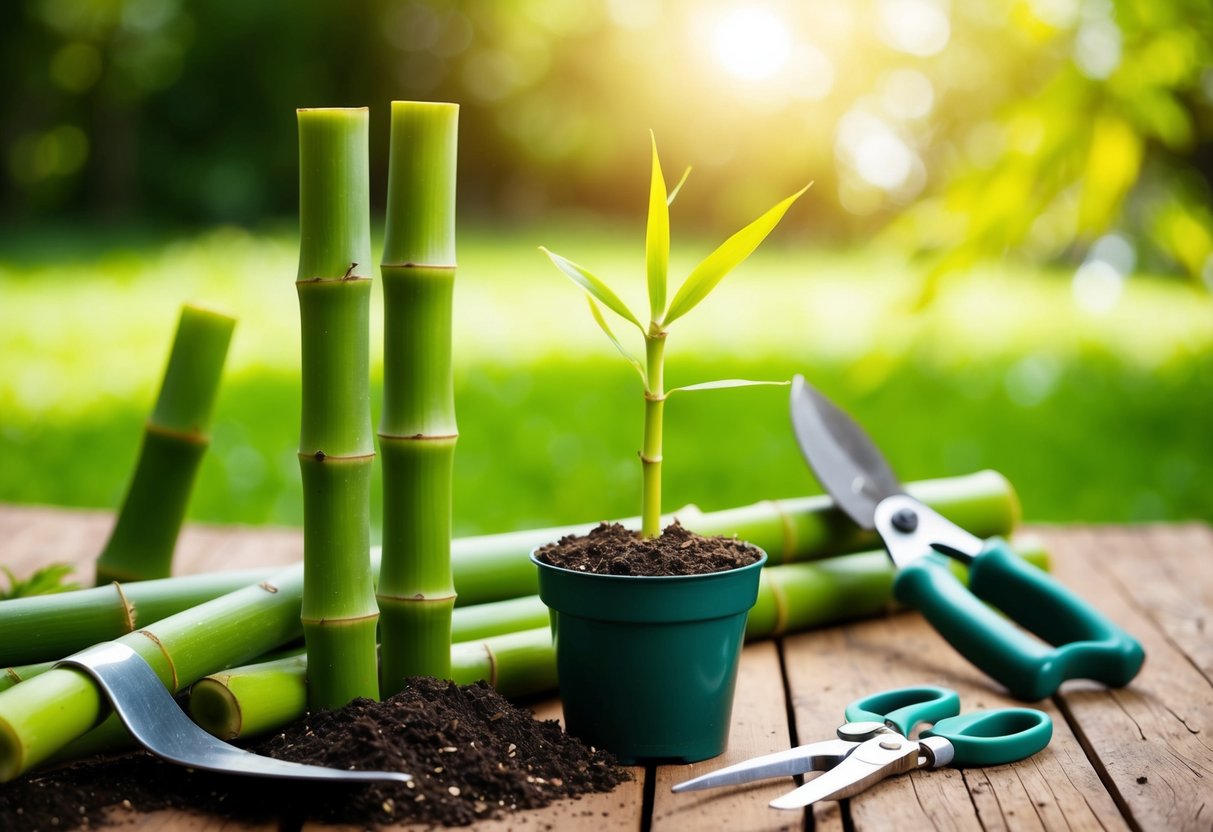 Freshly cut bamboo stalks lying next to a shovel and potting soil, with a small, newly planted bamboo sprout in a pot
