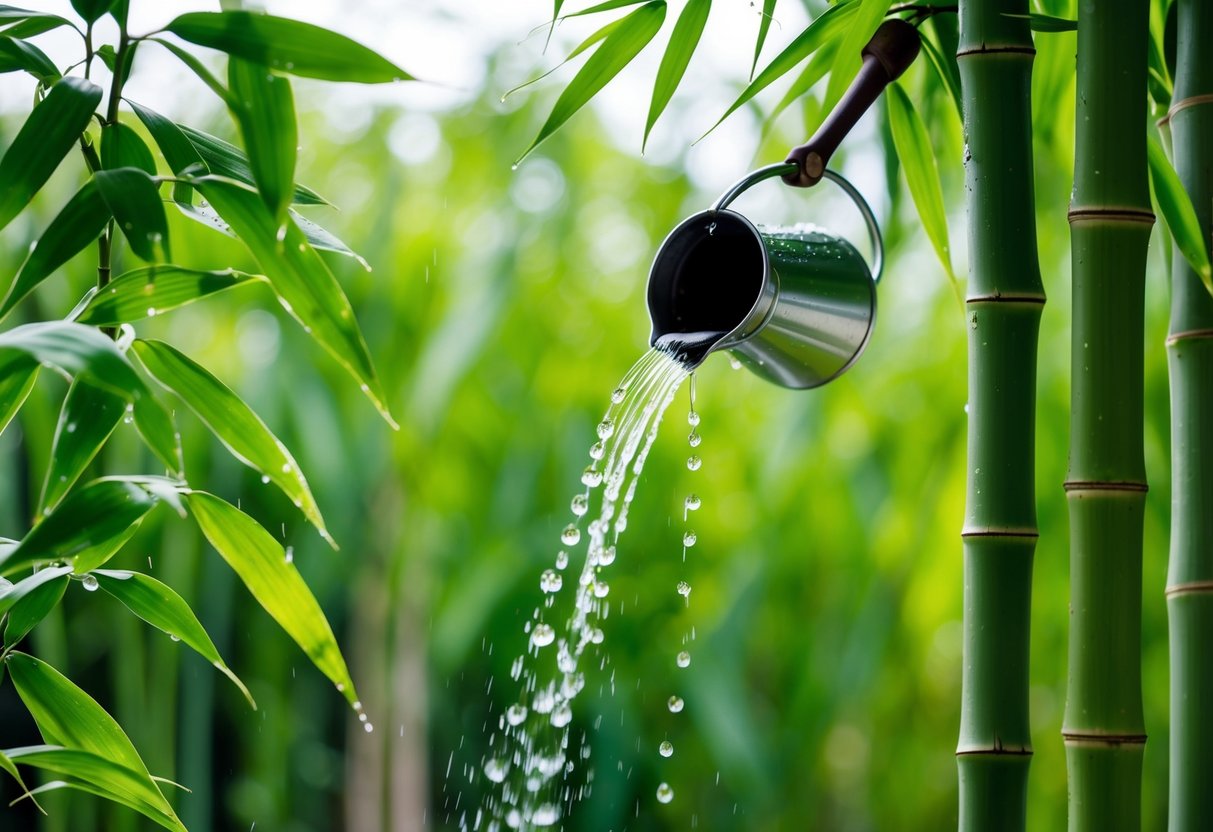 A serene scene of a bamboo plant being watered, with droplets falling from the watering can onto the lush green leaves