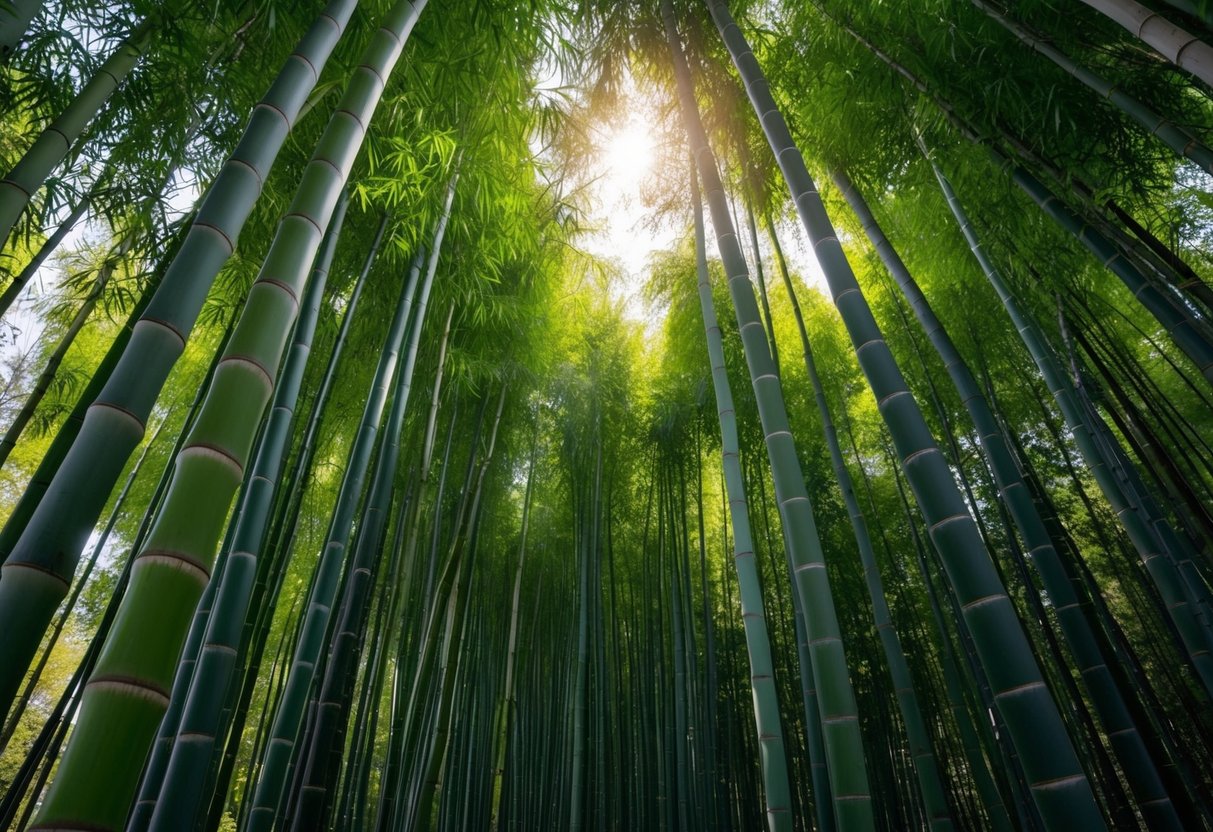 A lush bamboo forest with sunlight filtering through the canopy, showcasing various types of bamboo plants thriving in rich, nutrient-dense soil