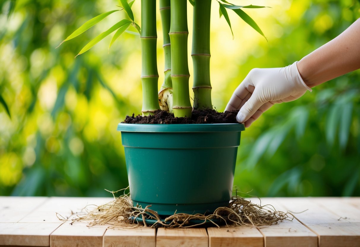 A bamboo plant being carefully removed from its current pot, roots gently untangled, and then placed into a larger, fresh pot with nutrient-rich soil