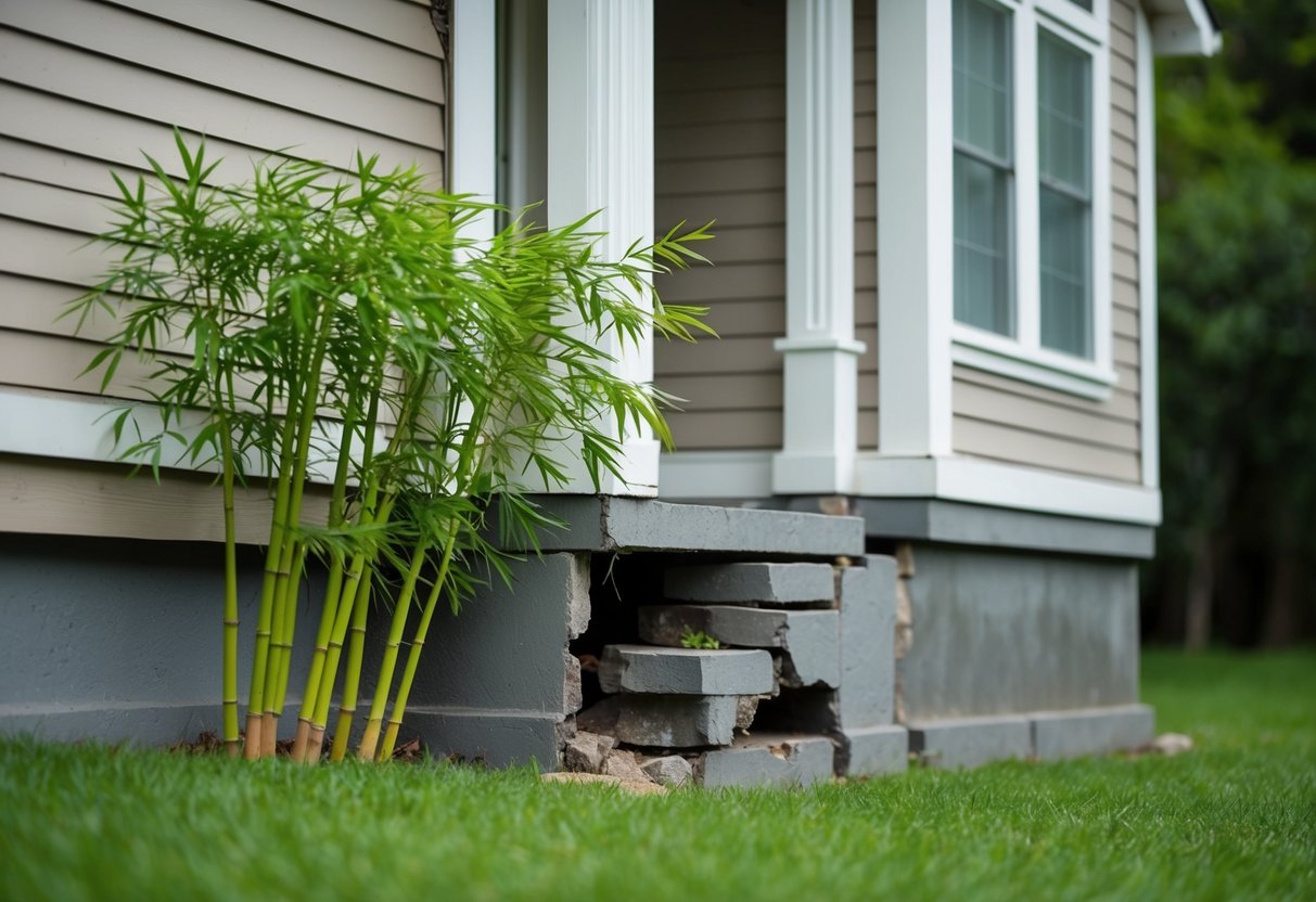 A house with bamboo growing close to the foundation, showing signs of cracks and damage