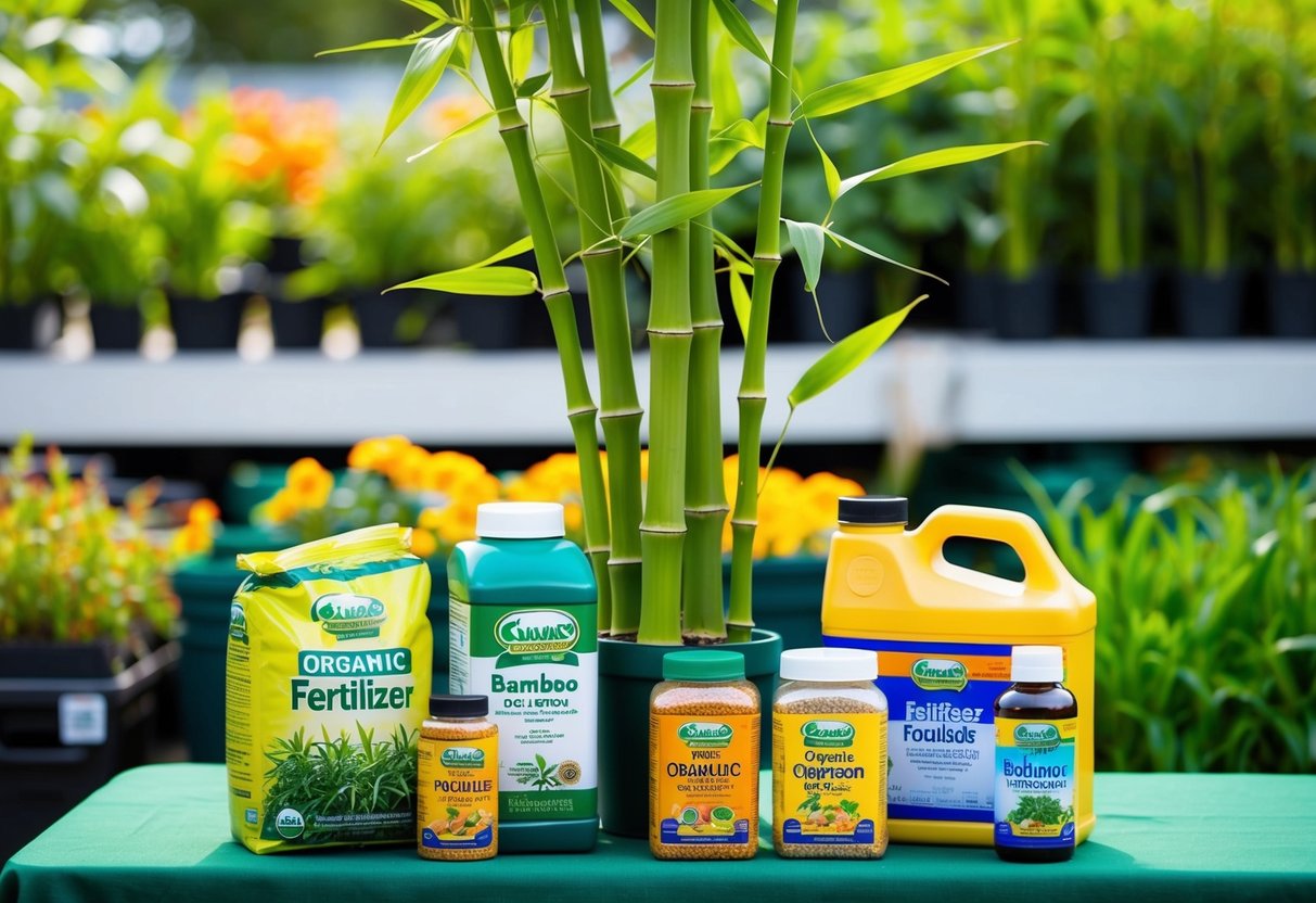 A bamboo plant surrounded by a variety of fertilizer options, including organic and synthetic choices, displayed on a table in a garden center