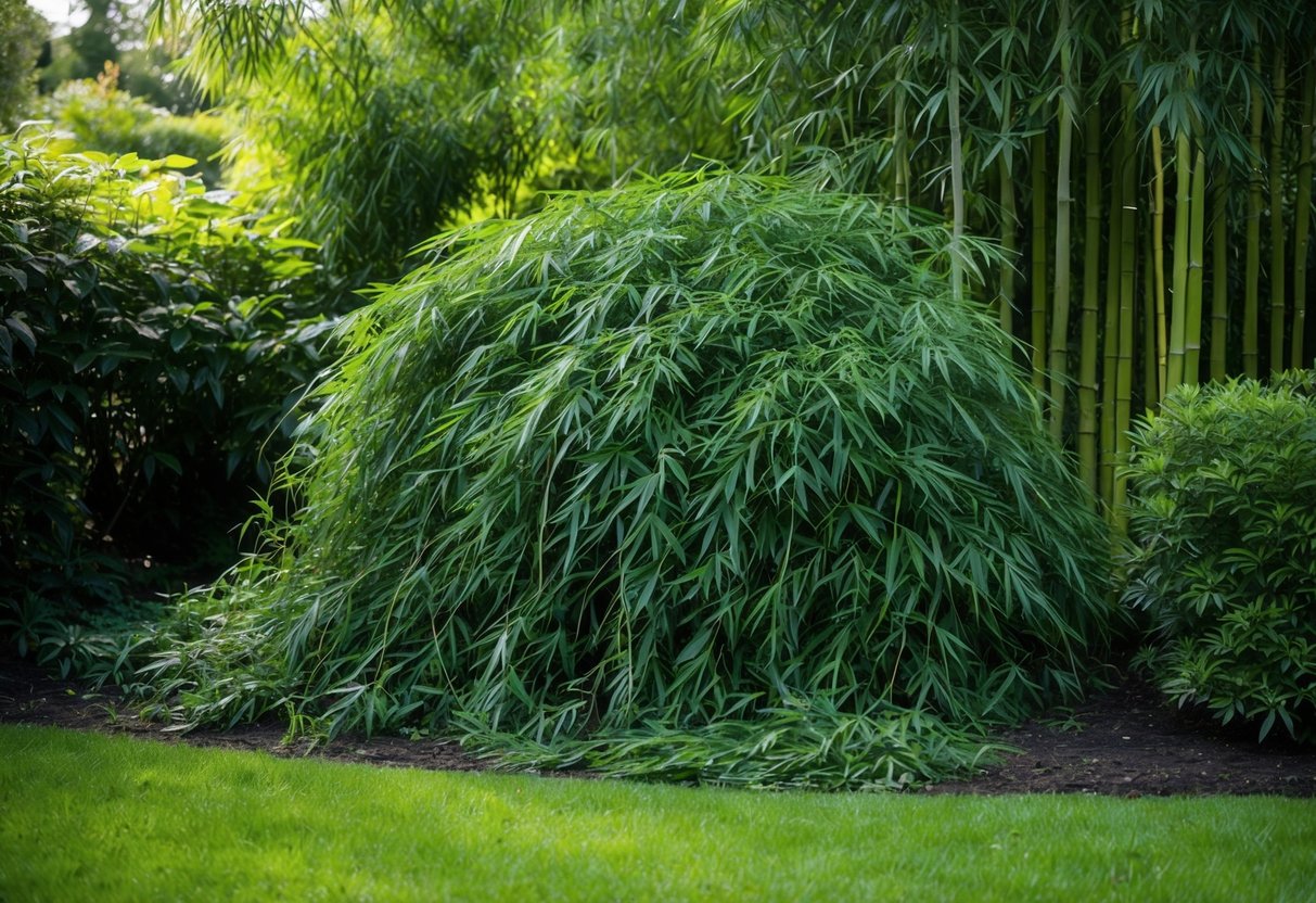 A dense tangle of Japanese knotweed overtakes a garden, overshadowing a patch of bamboo