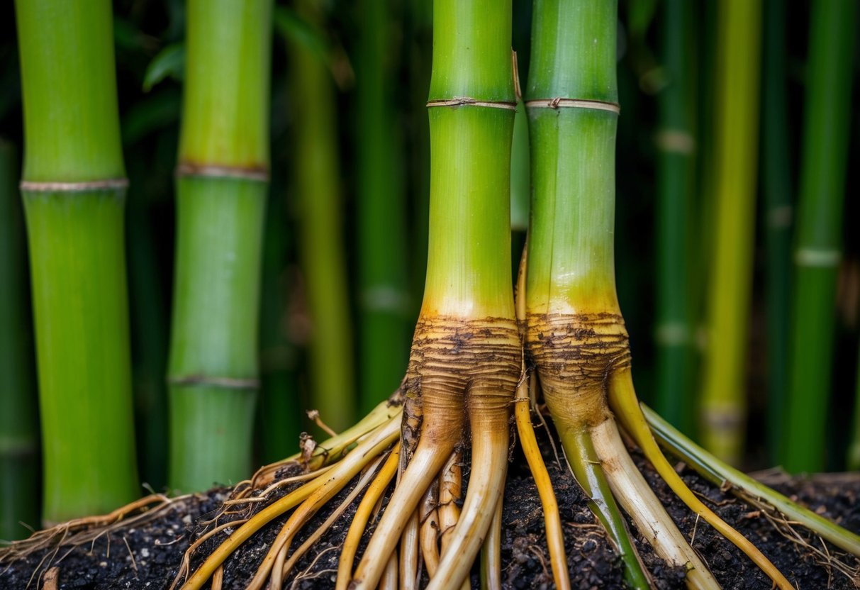 The bamboo plant shows signs of wilting and discoloration, with roots appearing brown, mushy, and slimy