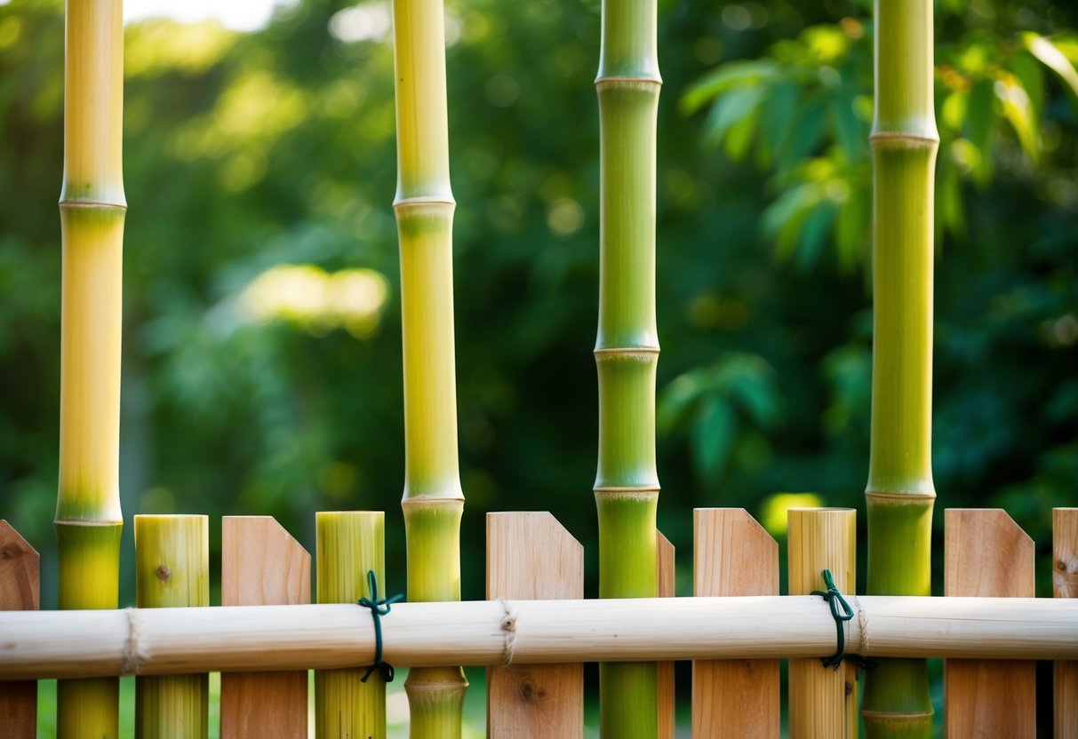 Bamboo poles being carefully fastened to a wooden fence, creating a natural and visually appealing barrier