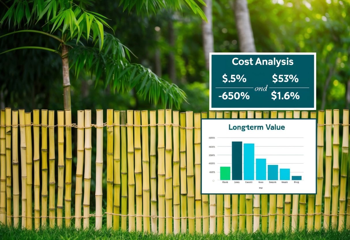 A bamboo fence stands tall, surrounded by lush greenery. A cost analysis chart and long-term value graph are displayed next to it