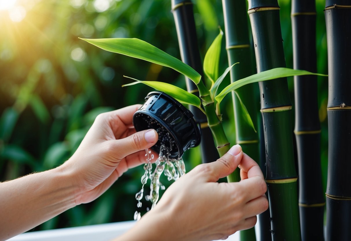 A pair of hands carefully tending to a black bamboo plant, watering it and placing it in a sunny spot to revive it