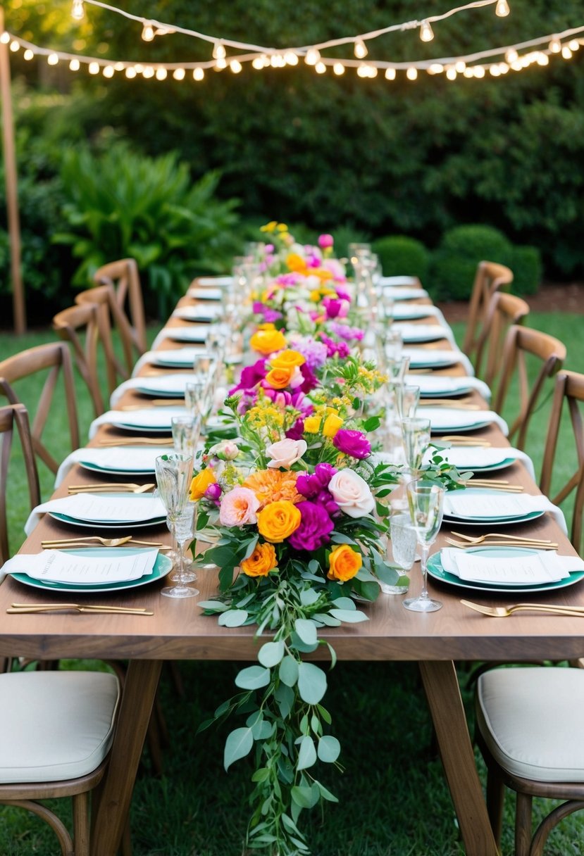 A table adorned with vibrant floral centerpieces, surrounded by lush greenery and twinkling string lights, sets the scene for a garden party engagement celebration