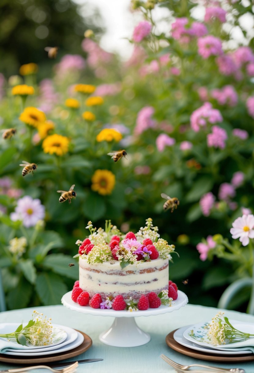 A garden table set with a floral Elderflower and Raspberry Cake, surrounded by blooming flowers and buzzing bees