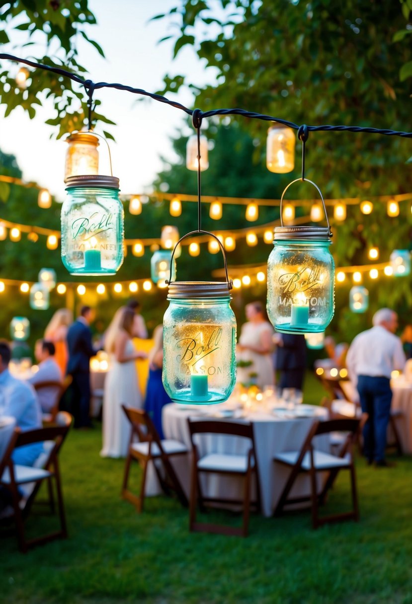 A garden filled with hanging mason jar lanterns, casting a warm glow over the outdoor party