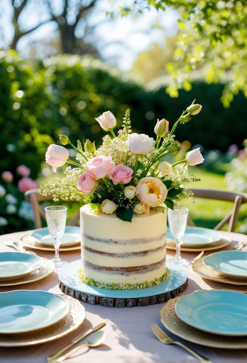 A garden table set with a delicate rose water pistachio cake surrounded by blooming flowers and dappled sunlight