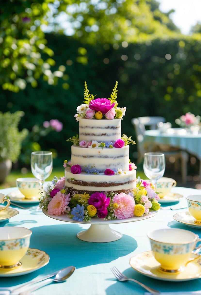 A table set with a floral tea cake centerpiece surrounded by teacups and saucers in a garden setting