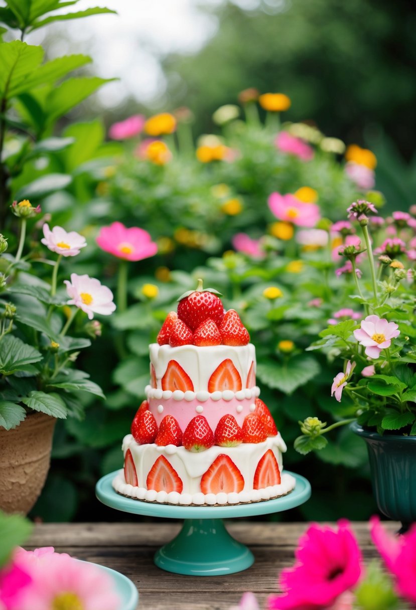 A charming garden scene with a whimsical strawberry shortcake-themed cake as the centerpiece, surrounded by lush greenery and blooming flowers