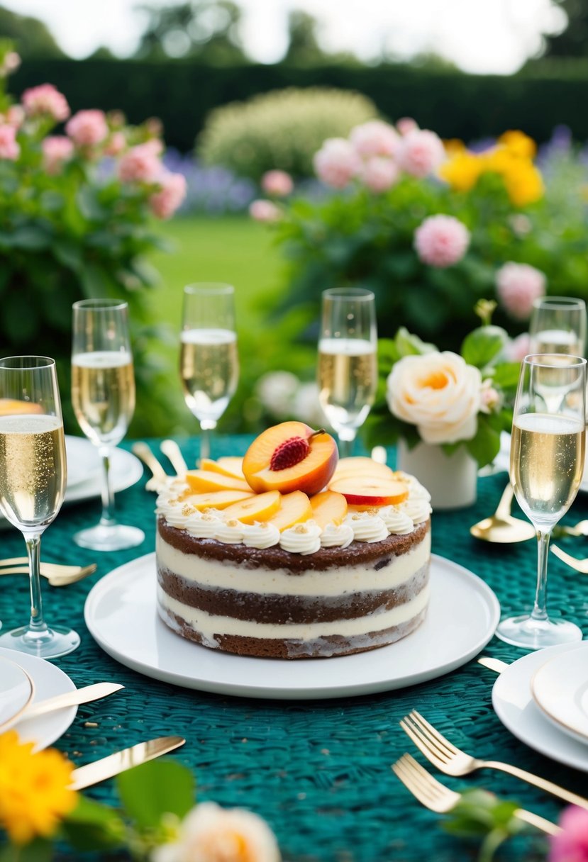 A garden table adorned with a Peach and Prosecco cake, surrounded by blooming flowers and sparkling glasses