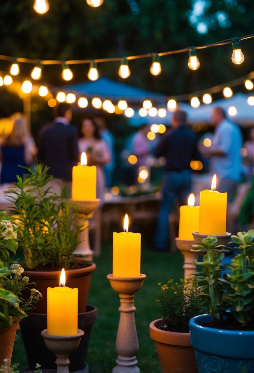 Citronella candles flicker among potted plants and string lights, casting a warm glow over a garden party