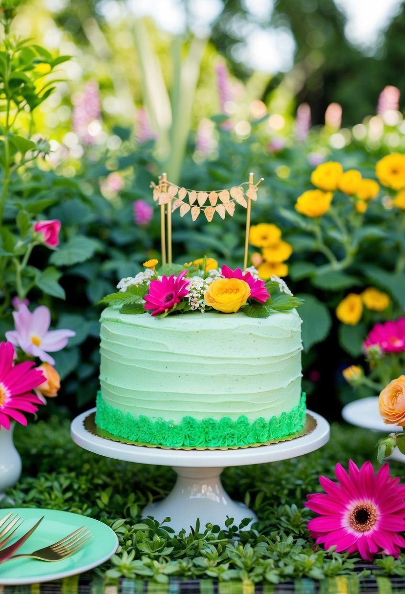 A whimsical garden party scene with a mint chocolate chip cake as the centerpiece, surrounded by lush greenery and vibrant flowers