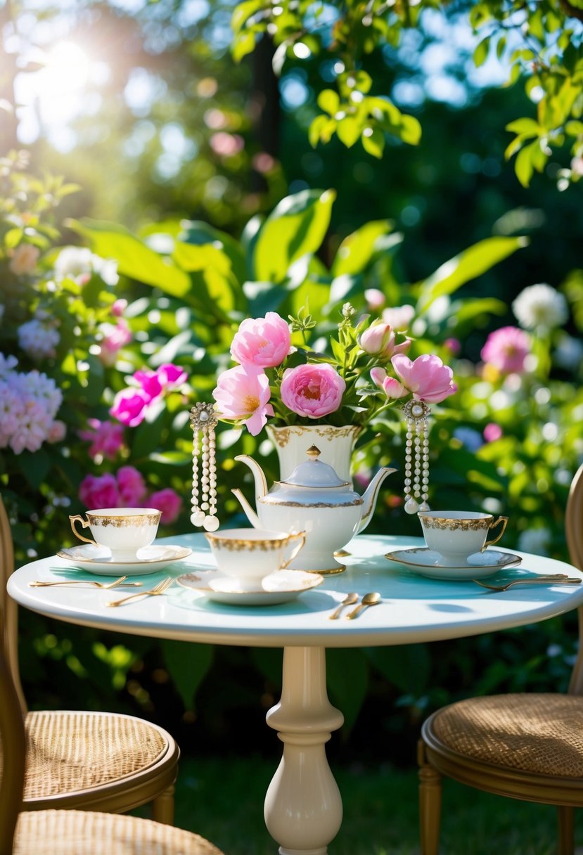 A lush garden setting with blooming flowers and dappled sunlight, featuring a table adorned with delicate pearl drop earrings and vintage tea sets