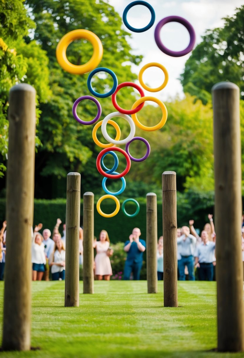 Colorful rings flying through the air towards tall wooden posts in a lush garden setting, surrounded by excited onlookers