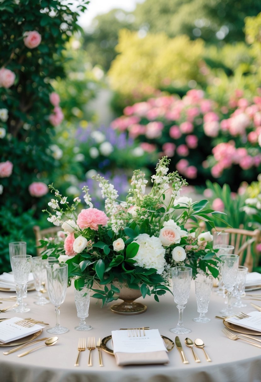 A lush garden setting with a table adorned with crystal hairpins, surrounded by blooming flowers and greenery